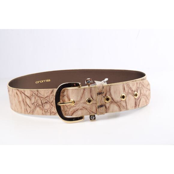 Beige Embossed Leather Wide Adjustable Waist Belt Size 46 Gold Buckle main image 5